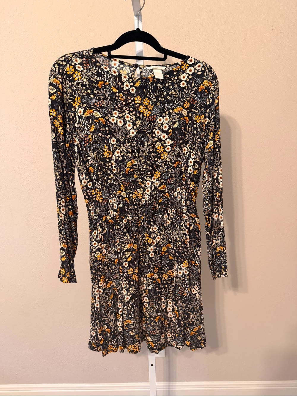 H&M Black Floral Long-Sleeve Smocked Waist Dress with Mustard Accents